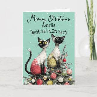 Cartão Two Siamese Cats on Christmas Tree Christmas Card