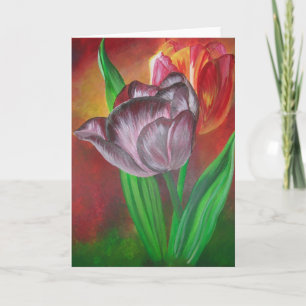 Cartão Two Tulips Against Red Background