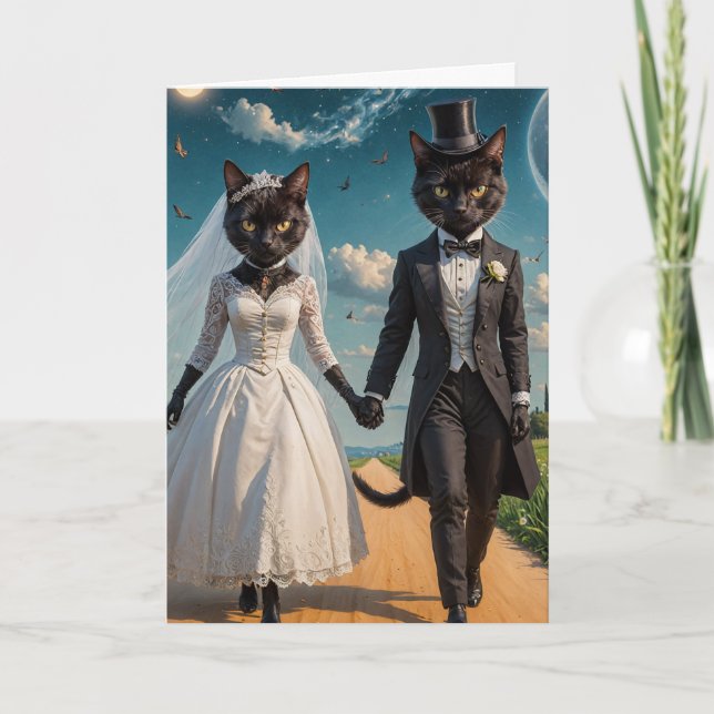 Cartão Um Adorável Dia de Casamento de Casais de Gato Neg (Frente)