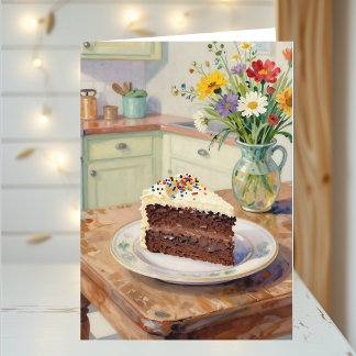 Cartão Um Aniversário Bonito com Flores Bonitas e Bolo