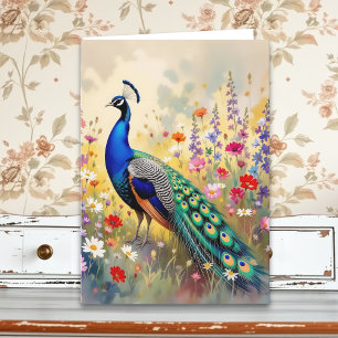 Cartão Um Aniversário de Pavão Colorido e Bonito