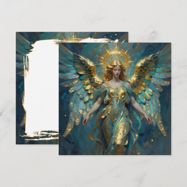 Cartão Um belo anjo de ouro e turquesa em branco (Frente/Verso)