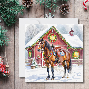 Cartão Um Cavalo Castanho Festivo e um Natal para o Barco