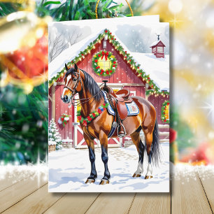 Cartão Um Cavalo Castanho Festivo e um Natal para o Barco