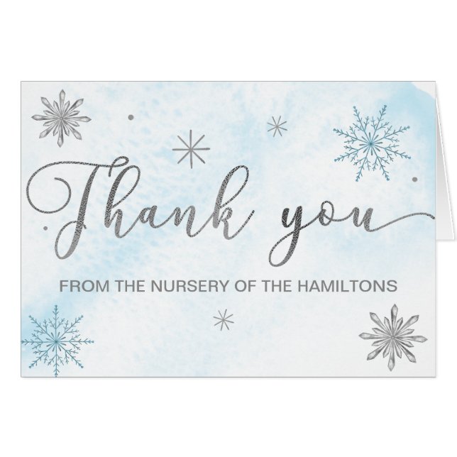 Cartão Um Chá de fraldas Azul Floco de Neve Obrigado (Frente Horizontal)