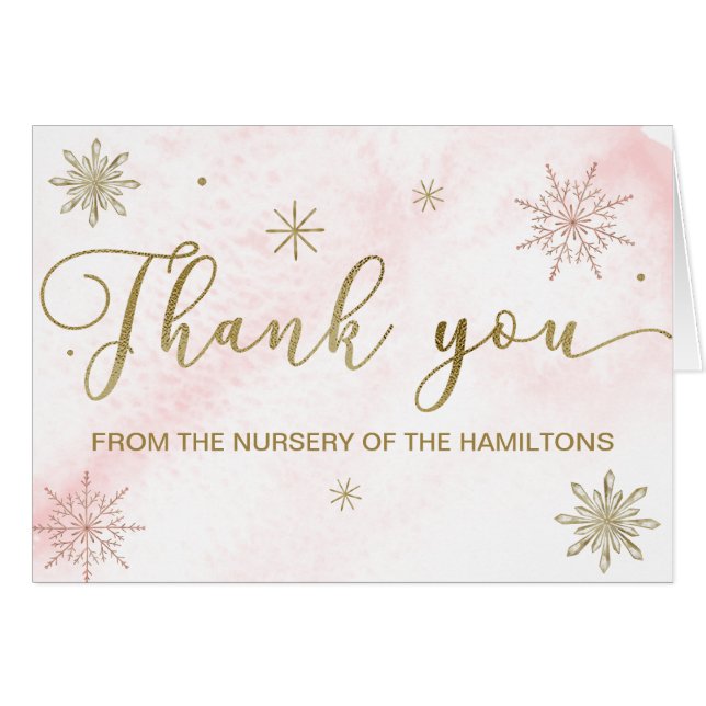 Cartão Um Chá de fraldas Rosa Floco de Neve Obrigado (Frente Horizontal)