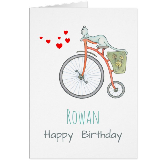 Cartão Um Gato Azul em uma Bicicleta Vermelha (Frente)