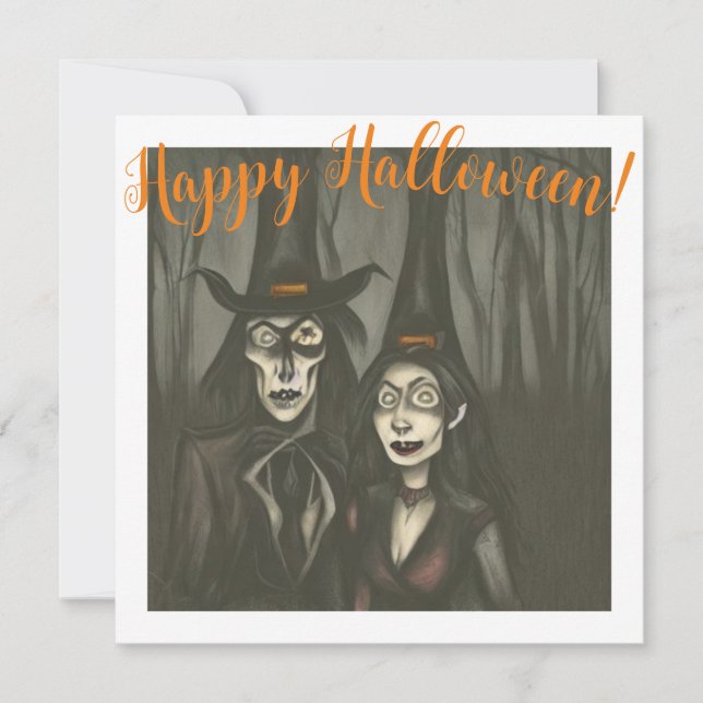 Cartão Um vampiro e uma bruxa no Halloween (Frente)