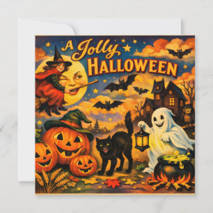 Cartão Uma alegre bruxa vintage de Halloween, fantasmas,