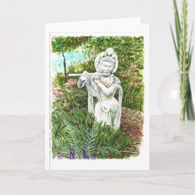 Cartão Uma estátua de uma senhora com uma flauta (Frente)