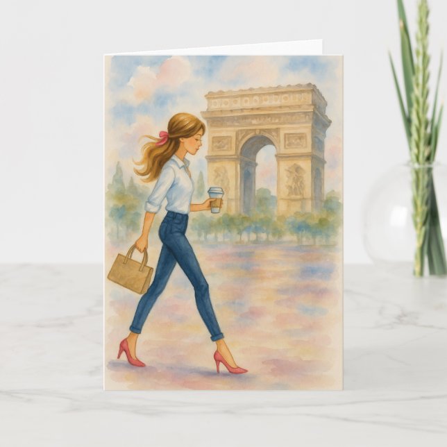 Cartão Uma garota e a cena do Arco do Triunfo Paris (Frente)