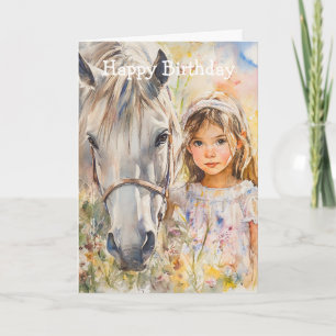 Cartão Uma Menina com Aniversário de Cavalo