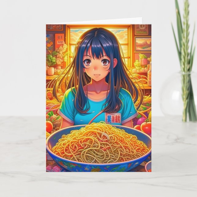 Cartão Uma Menina e seu Anime Ramen Engraçado Aniversário (Frente)