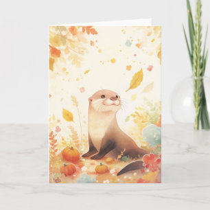 Cartão Uma Queda Whimsical com Otter e Pumpkins