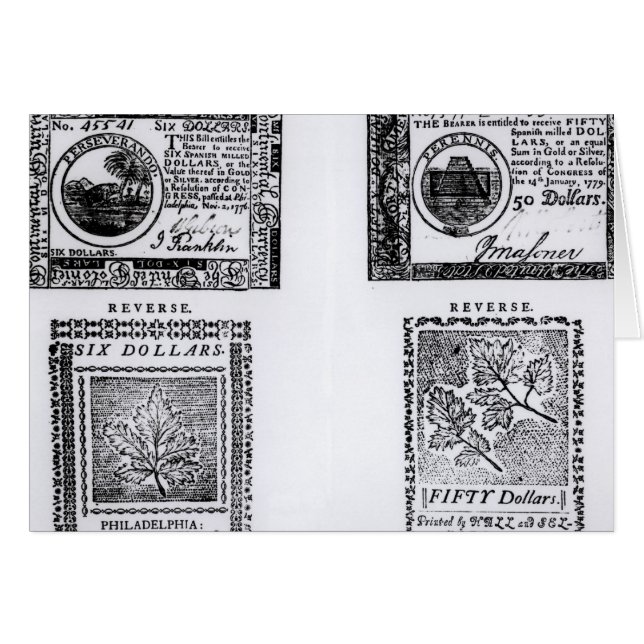 Cartão Umas seis notas de dólar colonial (Frente Horizontal)