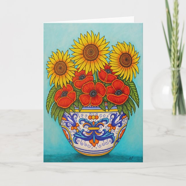 Cartão Umbria Buquê Poppy Sunflower Greeting Card (Frente)