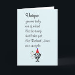 Cartão Único, um Poema de Aniversário Feliz<br><div class="desc">Um cartão de aniversário engraçado,  com um poema e ilustração ruins,  sobre como você é realmente único e especial. Nossa personagem,  tillie,  está vestindo um chapéu de aniversário e segurando um nabo em forma de Richard Nixon em um uniciclo.</div>