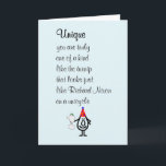 Cartão Único, um Poema de Aniversário Feliz<br><div class="desc">Um cartão de aniversário engraçado,  com um poema e ilustração ruins,  sobre como você é realmente único e especial. Nossa personagem,  tillie,  está vestindo um chapéu de aniversário e segurando um nabo em forma de Richard Nixon em um uniciclo.</div>