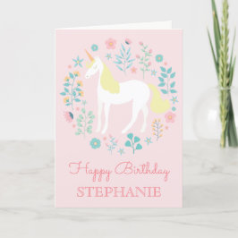 Cartão Unicorn Floral Blush Pink Personalizado Aniversári