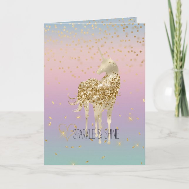 Cartão Unicorn Ombre Dourado Confetti Glitter Heart (Frente)