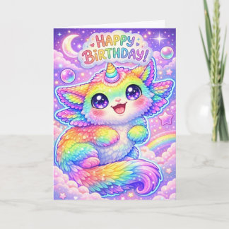 Cartão Unicórnio Arco-Íris Mágico Gato Feliz Aniversário