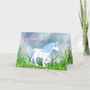 Cartão Unicórnio Branco e Azul, de Flores, Aniversário