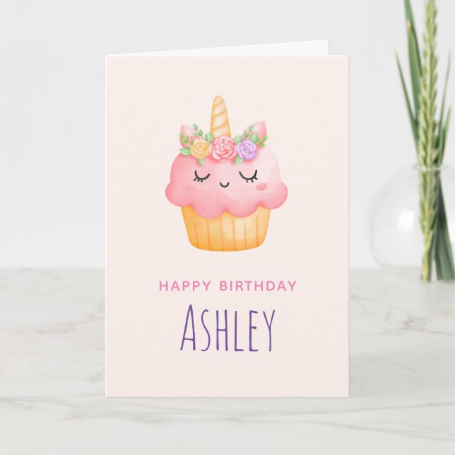 Cartão Unicórnio de Cupcake Rosa Fofo com Rosas de Aniver (Frente)