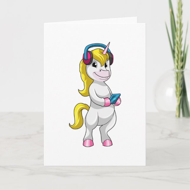 Cartão Unicórnio em Ouça música com fone de ouvido (Frente)