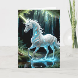 Cartão Unicórnio Encantador, Azul e Branco Andando em Flu