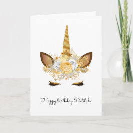 Cartão Unicórnio Floral Dourado Aniversário