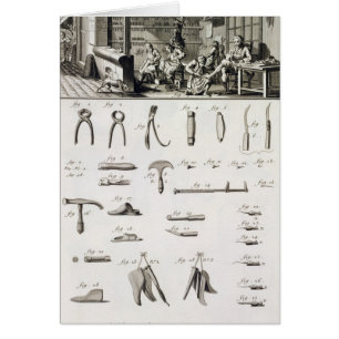 Cartão Uns calçados e um bootmaker e suas ferramentas,