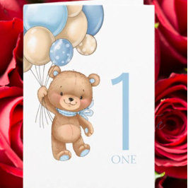 Cartão ursinho azul primeiro aniversario para balõ