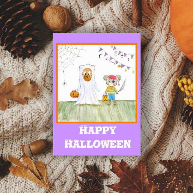 Cartão Ursinhos de Aguarela Fofo Feliz Halloween (Kids will find this adorable Halloween card!)