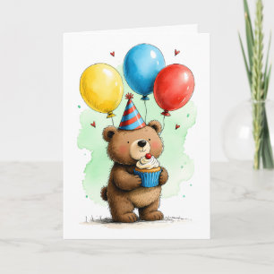 Cartão Urso Bebê Fofo com Bolo de Aniversário Infantil Fe