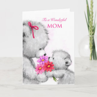 Cartão Urso bonito dando flores, Dia de as mães feliz