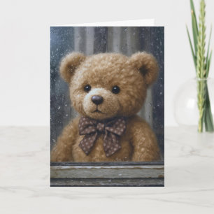 Cartão Urso de aniversário na janela chuvosa