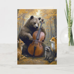 Cartão Urso de aniversário tocando violoncelo em bosques