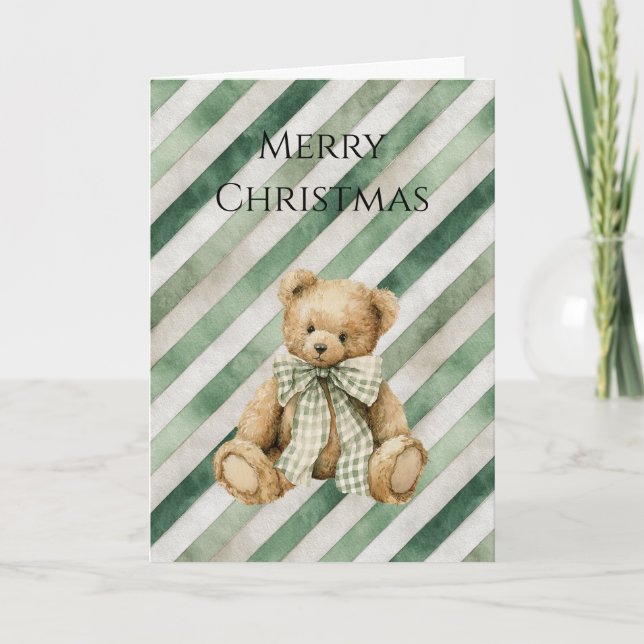Cartão Urso de Natal com Listras Creme Verde (Frente)