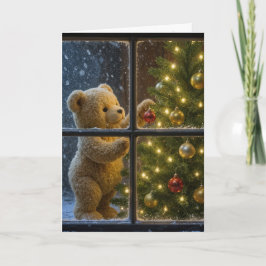 Cartão Urso de Natal decorando uma árvore