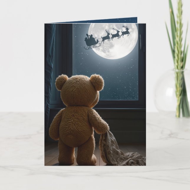 Cartão Urso de Natal Observando Papai Noel (Frente)