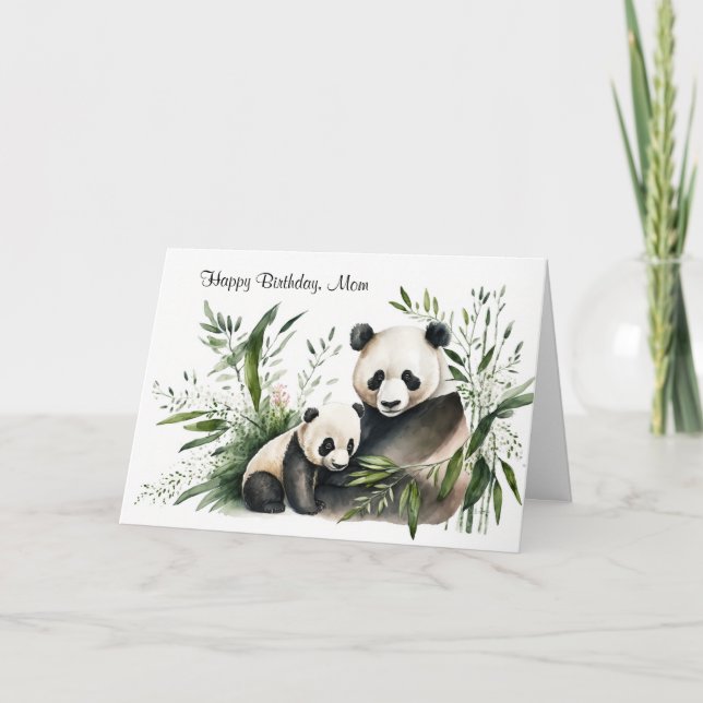 Cartão Urso de Panda de Aniversário da mãe com Cub (Frente)