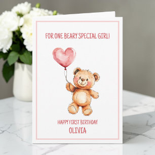 Cartão Urso de Pelúcia Balão Rosa Fofo Feliz 1º Aniversár