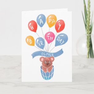 Cartão Urso De Pelúcia Colorido Balões Menino Aniversário