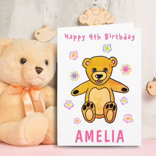 Cartão Urso de Pelúcia Fofo Flores Rosa Feliz Aniversário