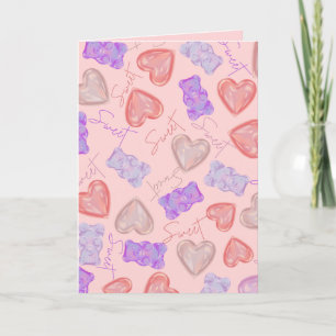 Cartão Urso de Pelúcia Rosa Doce Roxo & Coração Estampado