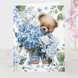 Cartão Urso de Pelúcia Segura Flores de Hortênsia