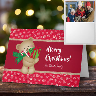 Cartão Urso de Peste de Natal e Foto da Família, Vermelh