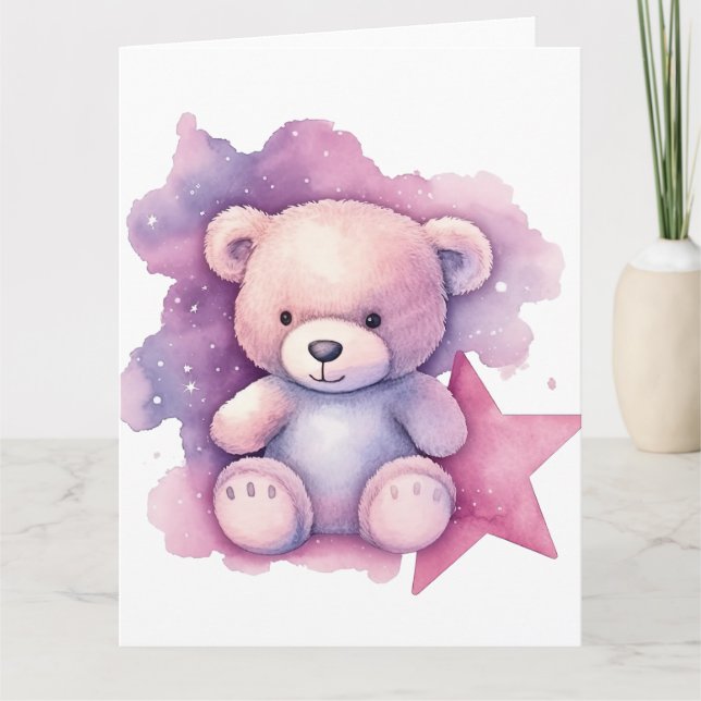 Cartão Urso de Teddy Star, Cor de Água Rosa (Frente)