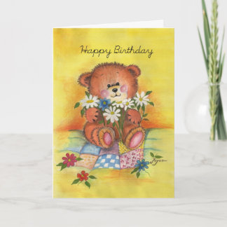 Cartão Urso do feliz aniversario com margaridas