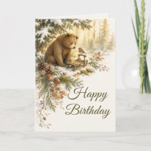 Urso e Robin Amigos de Aniversário na Floresta Nev